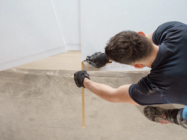 Carpenter measuring timber for an interior job